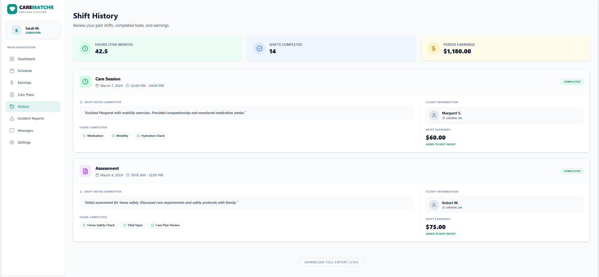 Caregiver Shift History